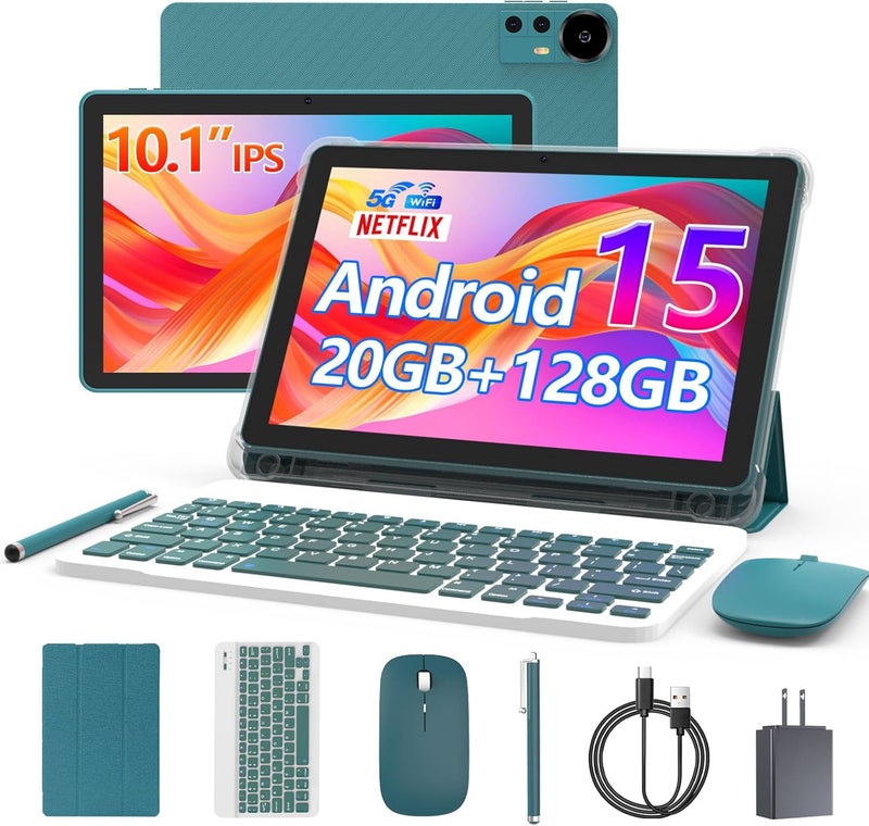 CUPEISI Android 15 Tablet 10 Inch, 20GB RAM+128GB ROM/ 2TB Expandable, 2.0GHz Quad-core Processor, 1280*800 HD Screen, 5G WiFi6 BT 5.0, 2 in 1 Tablets with Keyboard Case Mouse Stylus, Widevine L1 Blue - Image 1